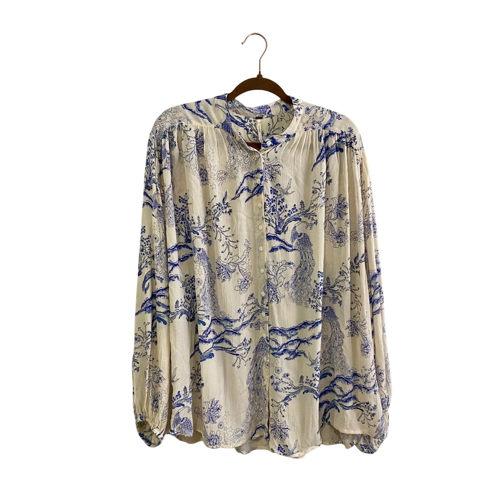 Free People‎ Toile Story Oversized Peacocks Rayon Blouse Blue Cream Small